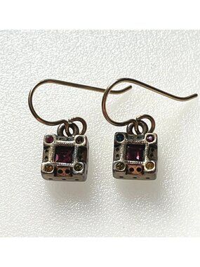 Signed Patricia Locke Vintage Mosaic Crystal Square Drop Earrings AS IS